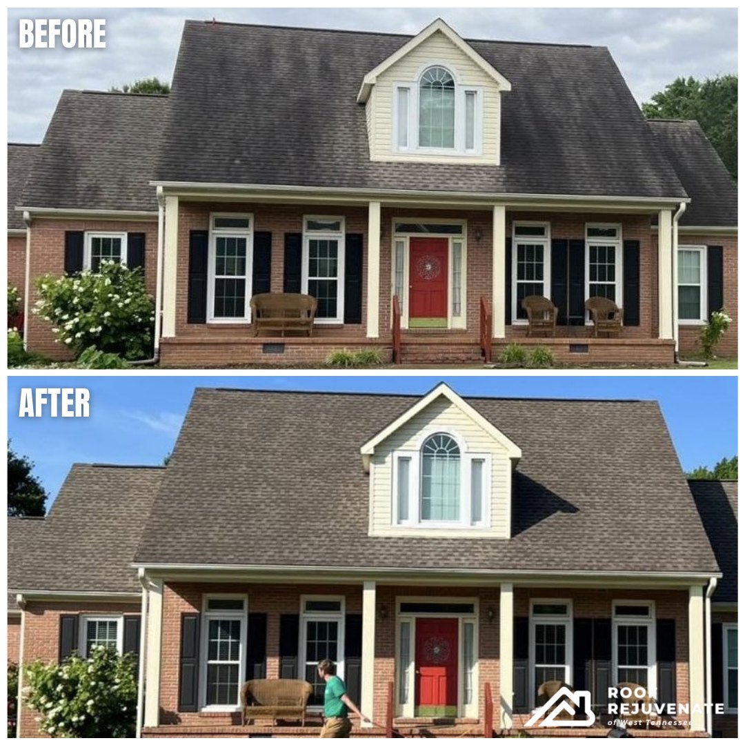 Before and after photos of a brick two-story home with a dormer and red front door, the after photo showing darker shingles