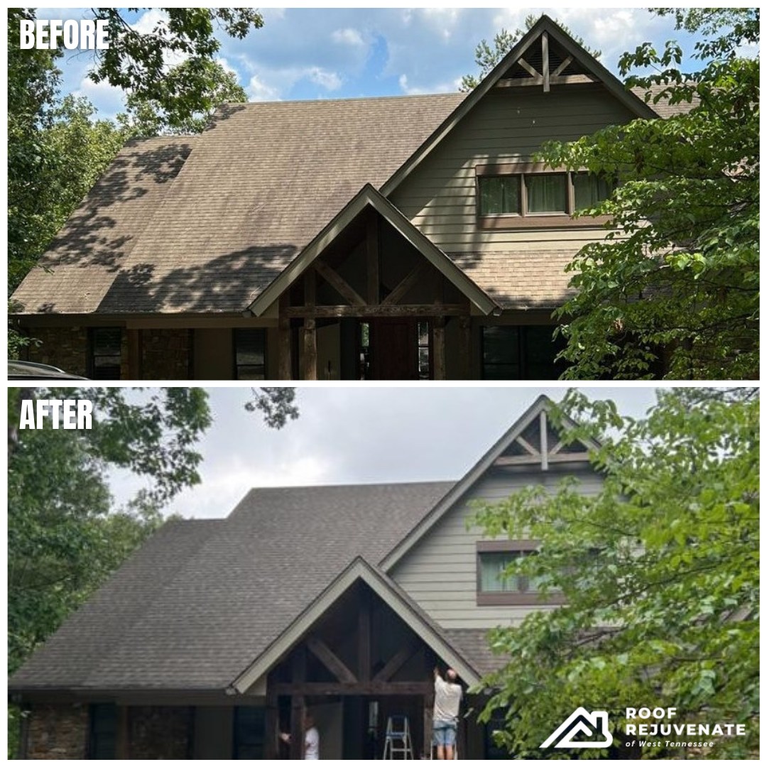 Before and after photos of a steep gable shingle roof with dark timber trim, the after photo showing darker shingles