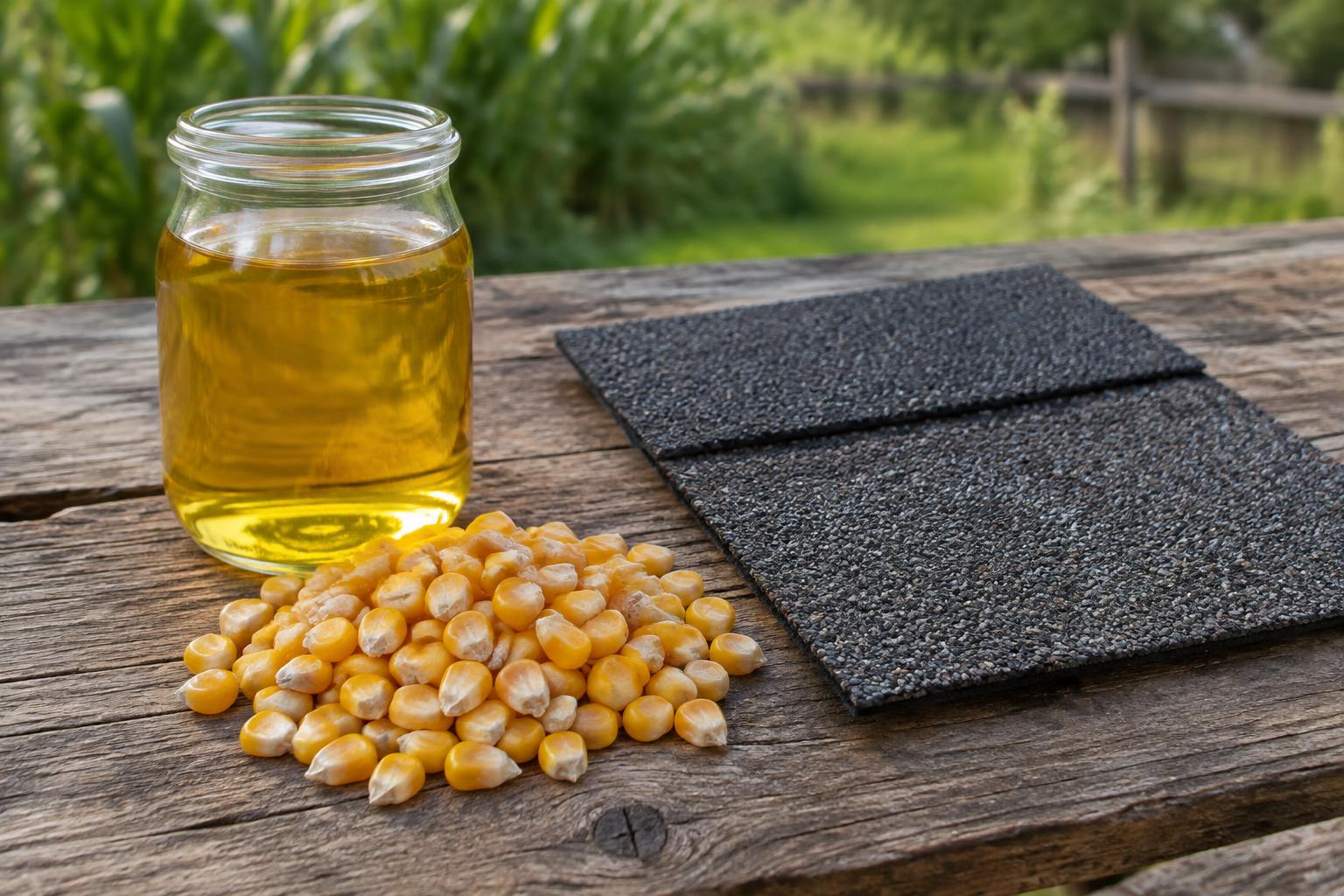 Jar of golden plant oil beside corn kernels and an asphalt shingle sample