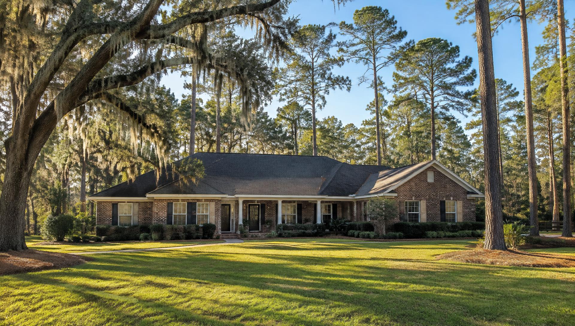 Brick ranch home with a charcoal asphalt shingle roof among pines and a live oak with Spanish moss